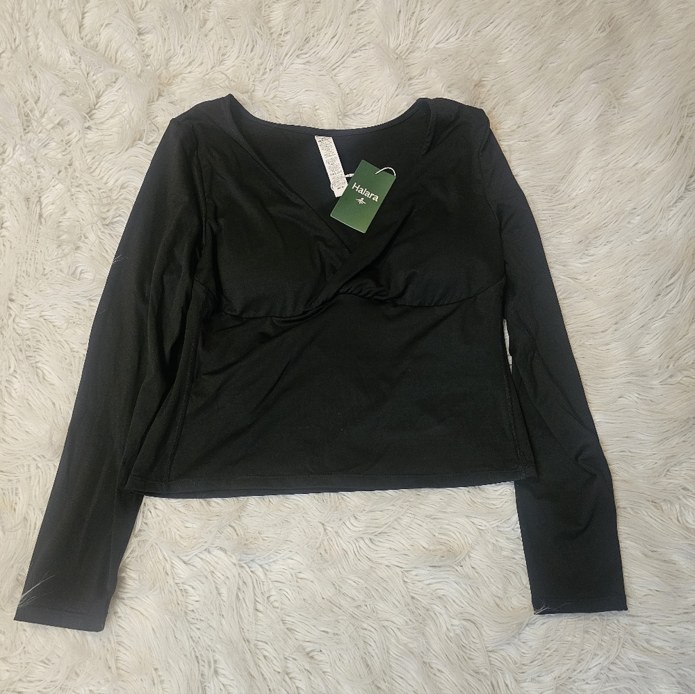 HALARA Black Long Sleeve Wrap-Front Top - Picture 2 of 4